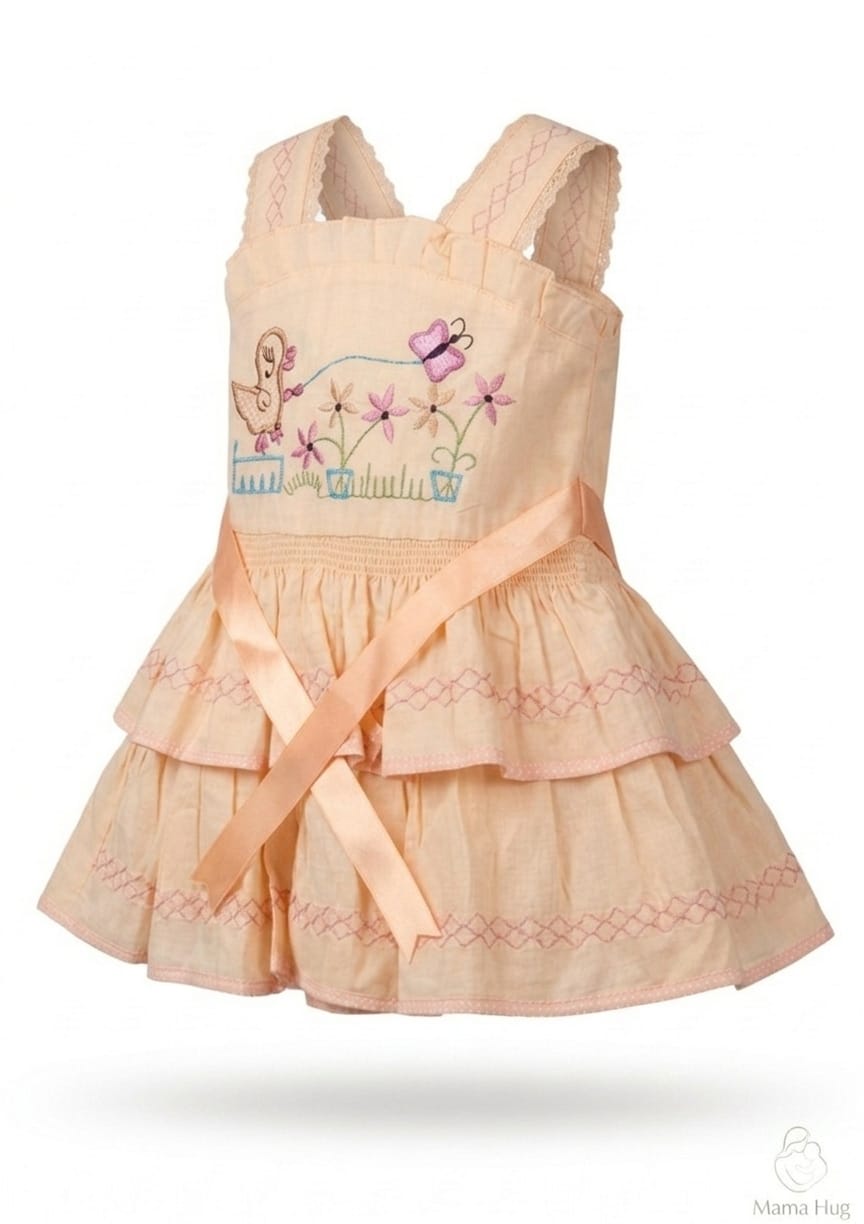 Mama Hug Girls Layered Daily Wear Dress | Sleeveless Peach Fancy Frock with Bow for Kids 1-7 Years