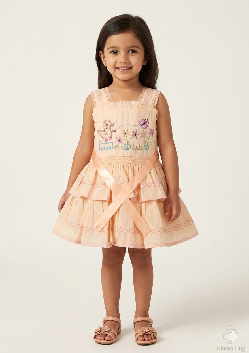 Mama Hug Girls Layered Daily Wear Dress | Sleeveless Peach Fancy Frock with Bow for Kids 1-7 Years