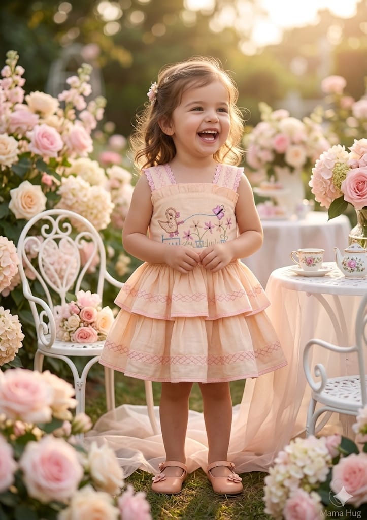 Mama Hug Girls Layered Daily Wear Dress | Sleeveless Peach Fancy Frock with Bow for Kids 1-7 Years