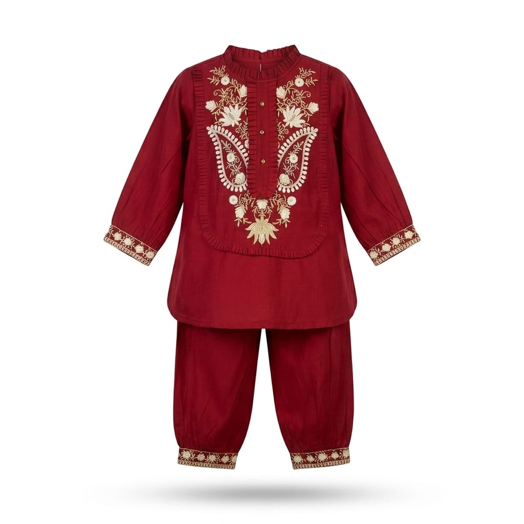 Mama Hug Girls Maroon Afghani Suit Set | Embroidered Kurta Ethnic Wear Afghani Pant for Kids 2-7 Years