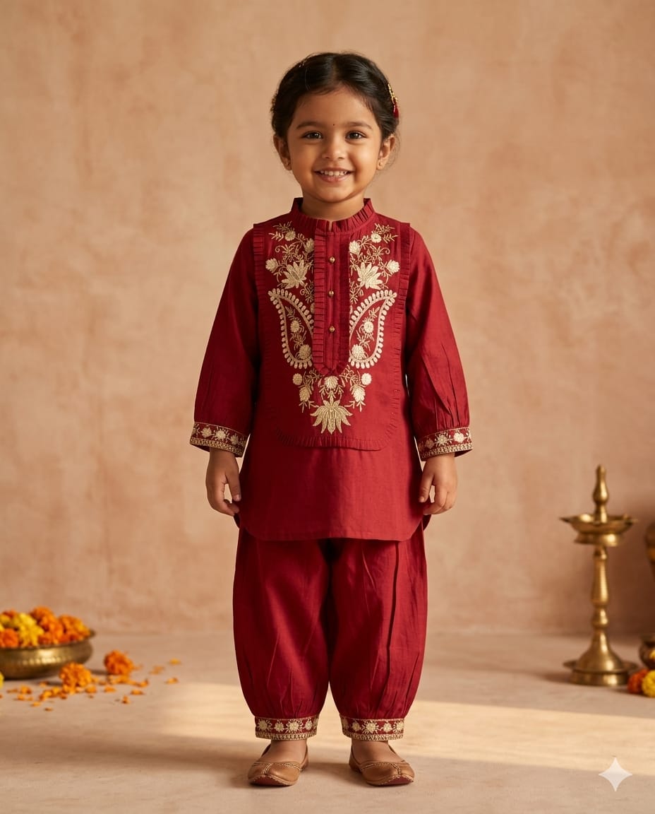 Mama Hug Girls Maroon Afghani Suit Set | Embroidered Kurta Ethnic Wear Afghani Pant for Kids 2-7 Years