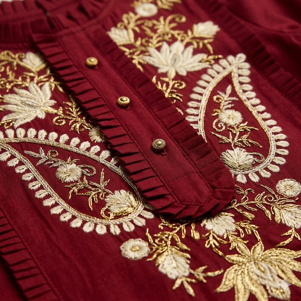 Mama Hug Girls Maroon Afghani Suit Set | Embroidered Kurta Ethnic Wear Afghani Pant for Kids 2-7 Years
