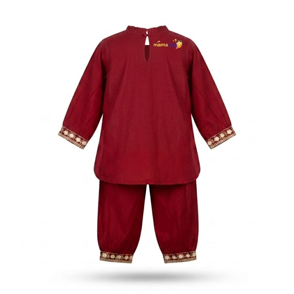 Mama Hug Girls Maroon Afghani Suit Set | Embroidered Kurta Ethnic Wear Afghani Pant for Kids 2-7 Years