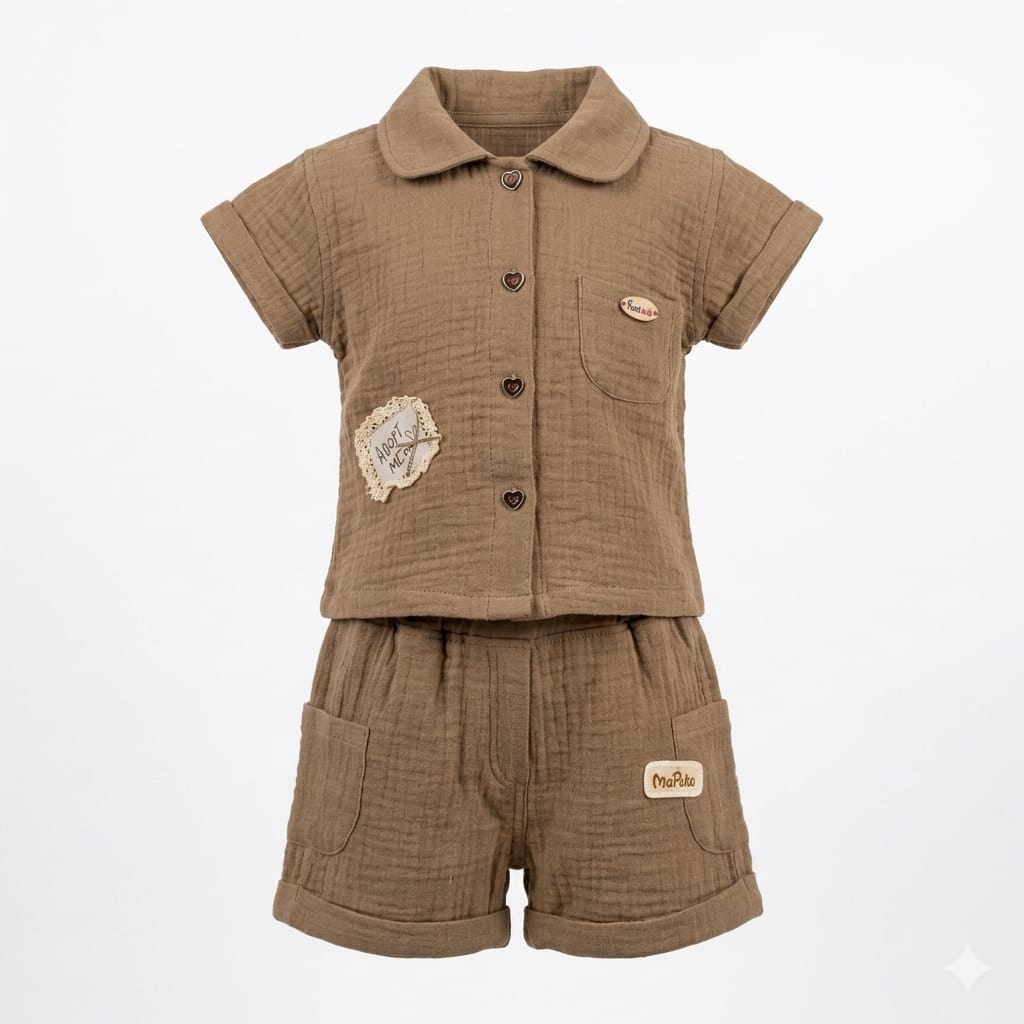 Mama Hug Kids Cotton Co-Ord Set for Girls (Shirt & Shorts) | Soft Summer Wear | 4-6 Years | Biscuit