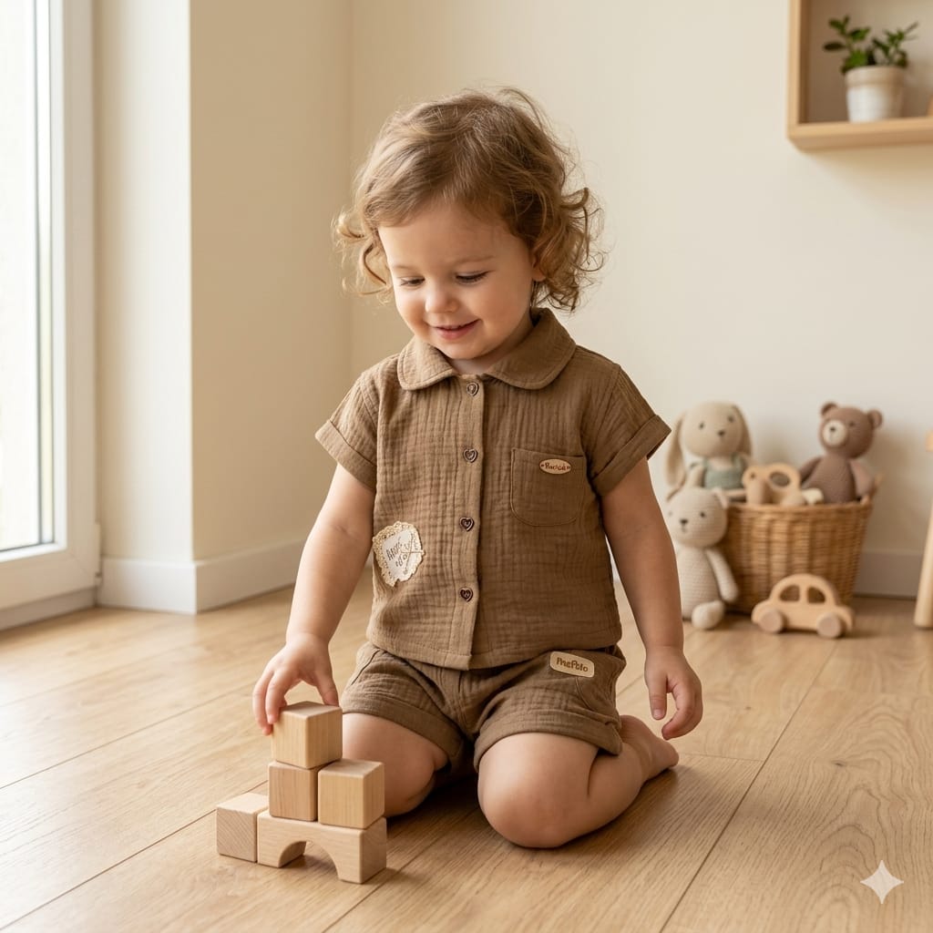 Mama Hug Kids Cotton Co-Ord Set for Girls (Shirt & Shorts) | Soft Summer Wear | 4-6 Years | Biscuit