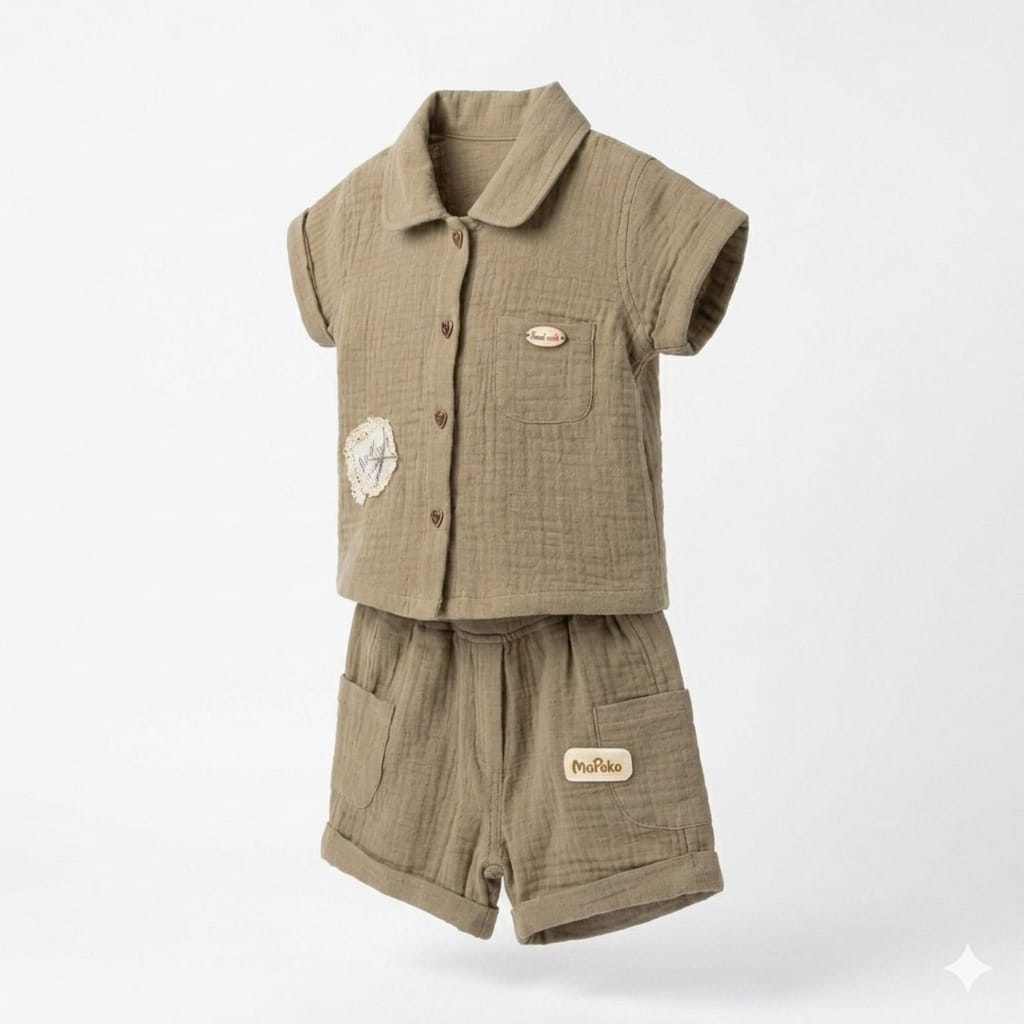 Mama Hug Kids Cotton Co-Ord Set for Girls (Shirt & Shorts) | Soft Summer Wear | 3-5 Years | Olive