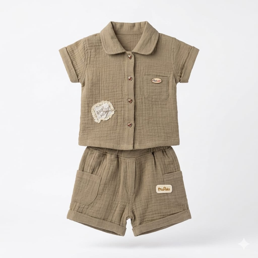 Mama Hug Kids Cotton Co-Ord Set for Girls (Shirt & Shorts) | Soft Summer Wear | 3-5 Years | Olive