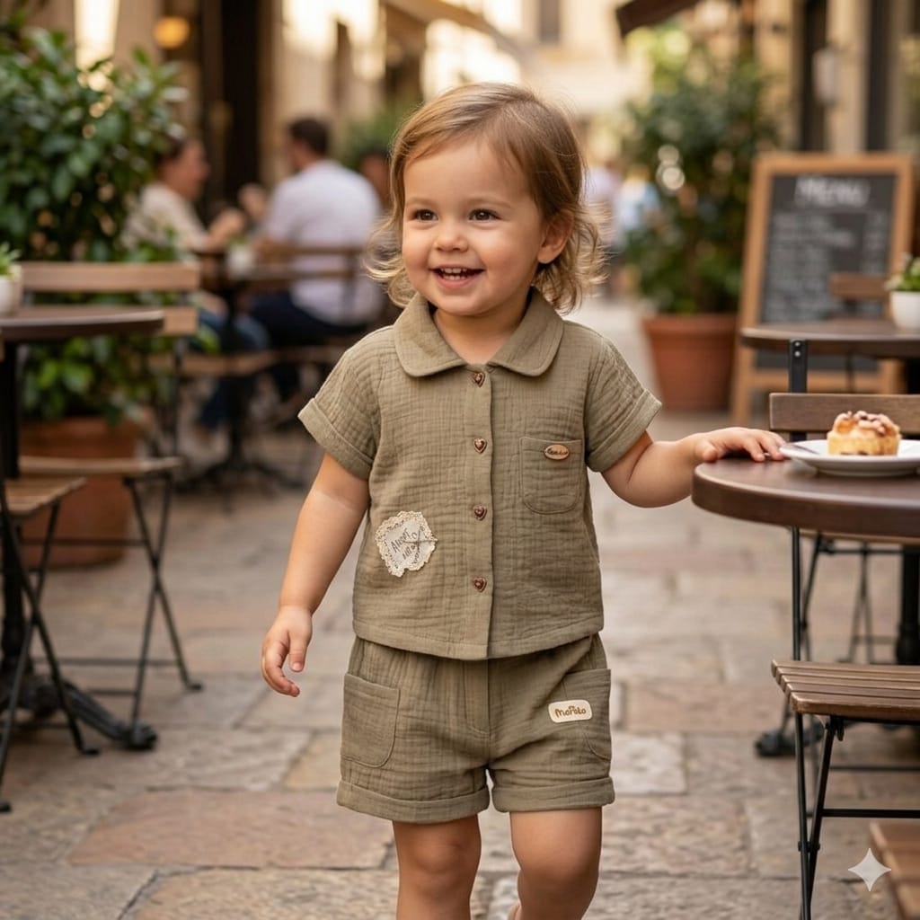 Mama Hug Kids Cotton Co-Ord Set for Girls (Shirt & Shorts) | Soft Summer Wear | 3-5 Years | Olive