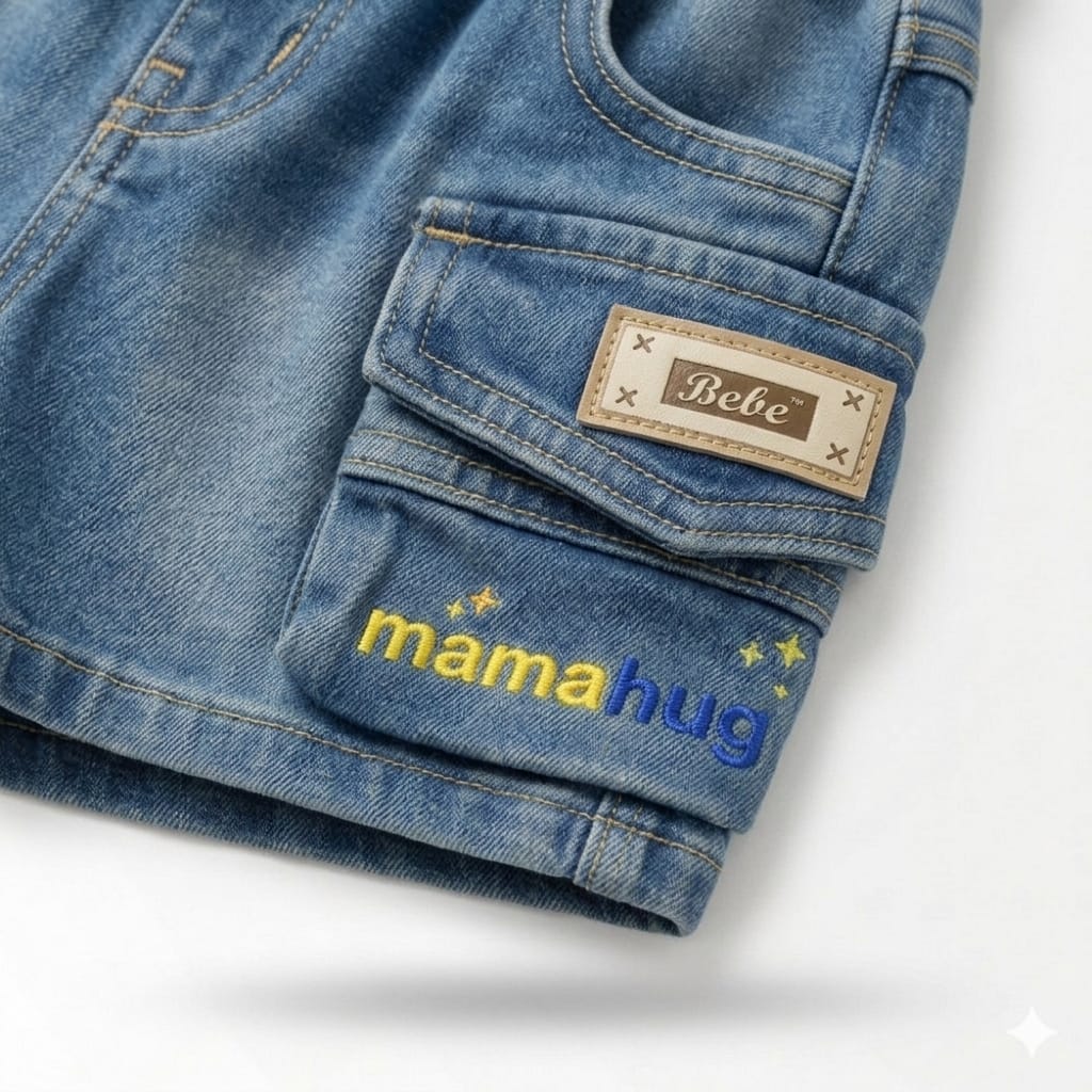 Mama Hug Boys Denim Cargo Shorts | Soft Stretchable Blue Shorts | Multi-Pocket Summer Wear | 1–5 Years