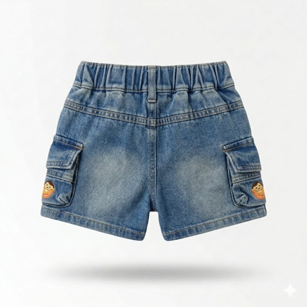Mama Hug Boys Denim Cargo Shorts | Soft Stretchable Blue Shorts | Multi-Pocket Summer Wear | 1–5 Years