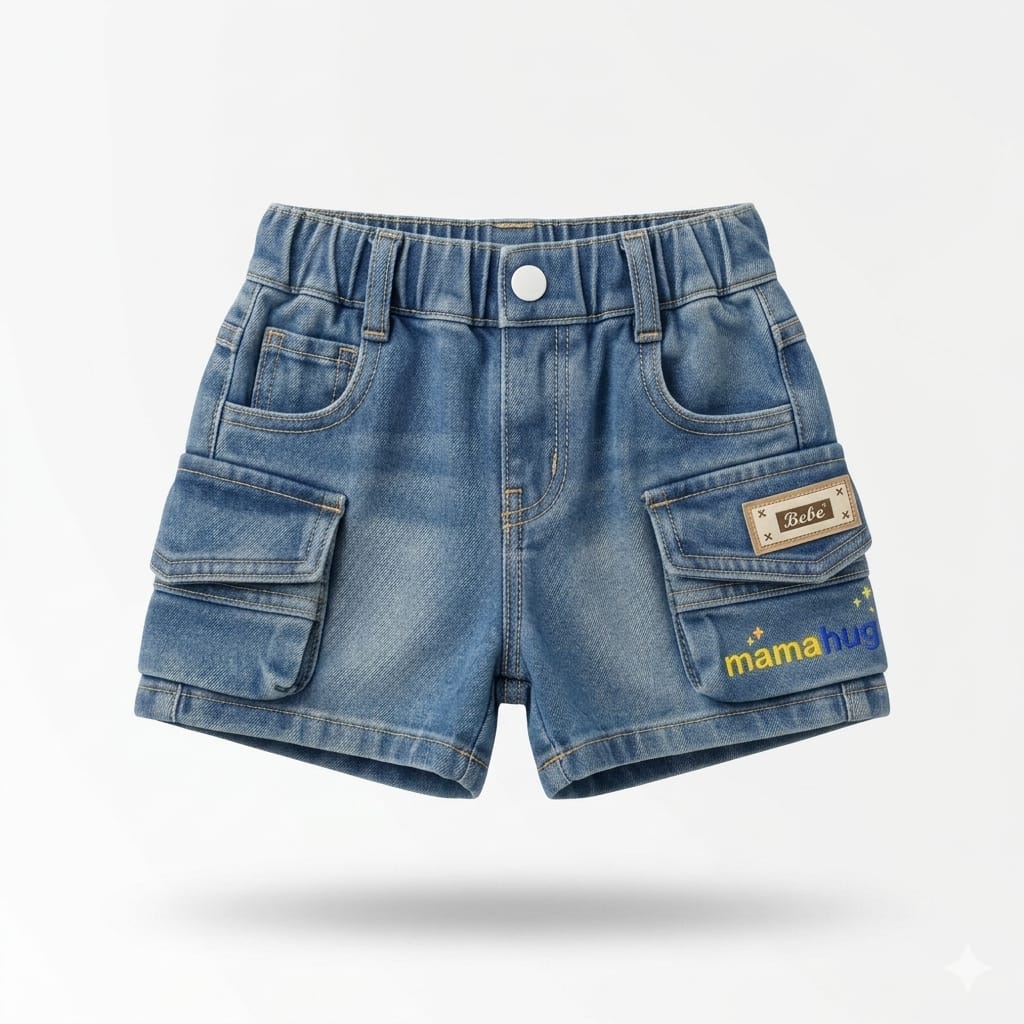 Mama Hug Boys Denim Cargo Shorts | Soft Stretchable Blue Shorts | Multi-Pocket Summer Wear | 1–5 Years