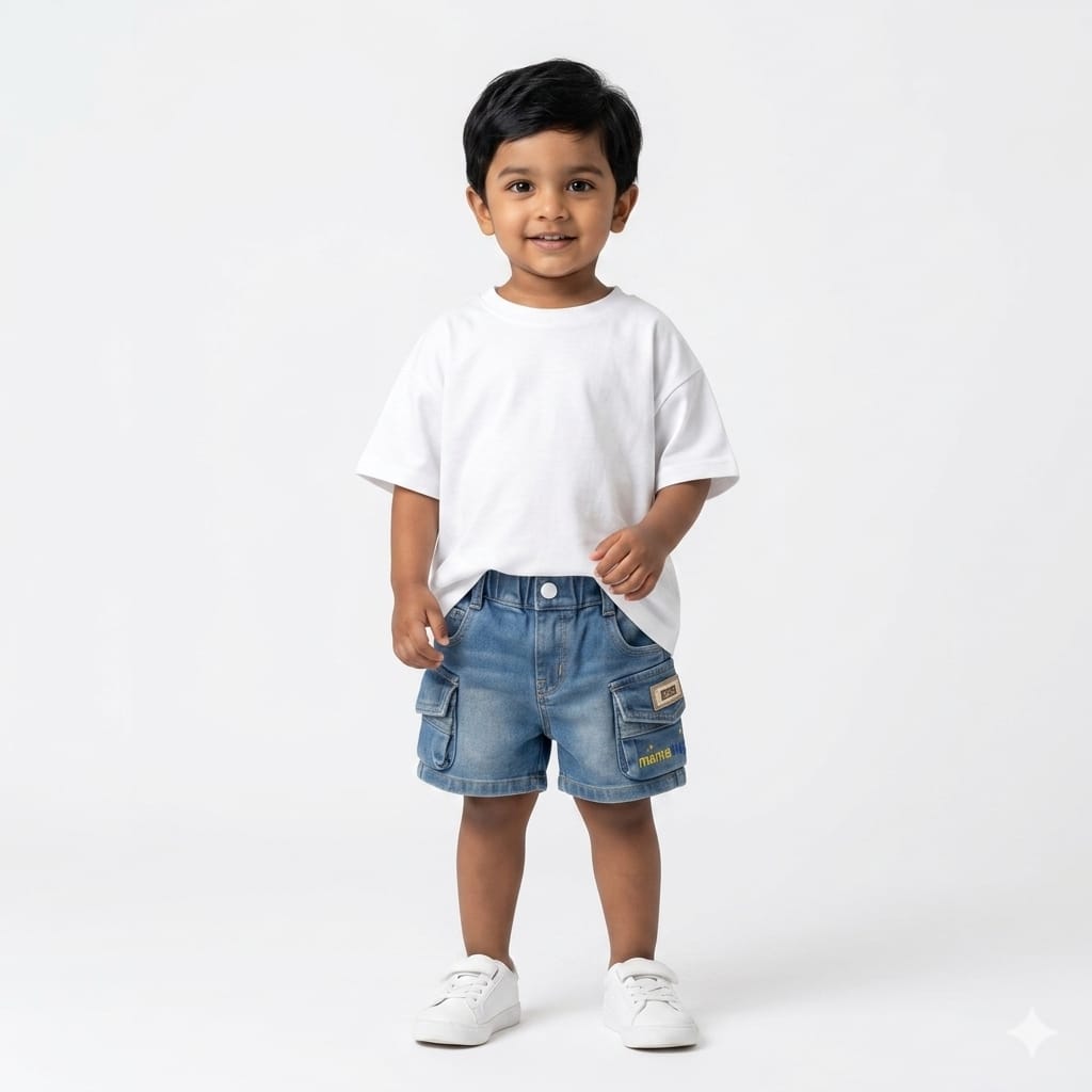 Mama Hug Boys Denim Cargo Shorts | Soft Stretchable Blue Shorts | Multi-Pocket Summer Wear | 1–5 Years