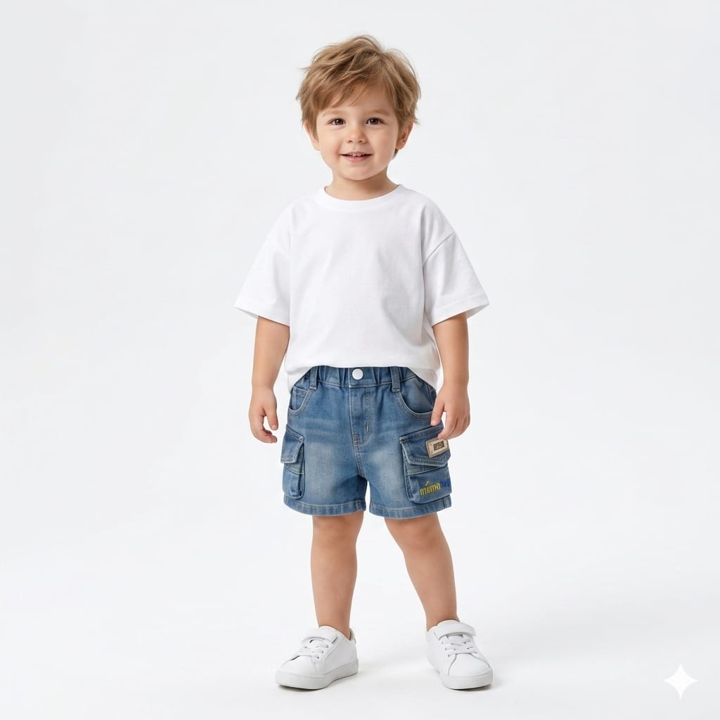 Mama Hug Boys Denim Cargo Shorts | Soft Stretchable Blue Shorts | Multi-Pocket Summer Wear | 1–5 Years