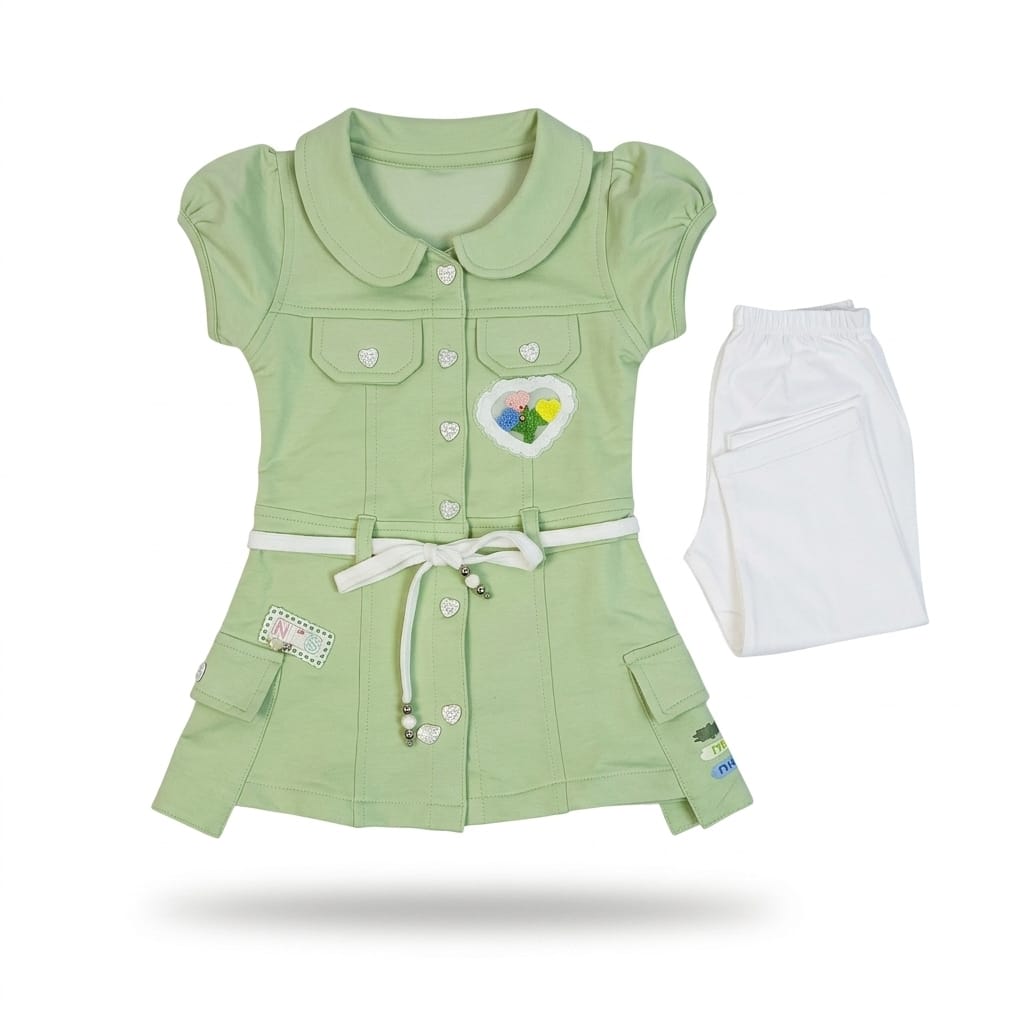 Mama Hug Girls Stylish Shirt Dress Set with Leggings | Soft Cotton Summer Outfit | Cute Belt & Heart Patch | 3–5 Years