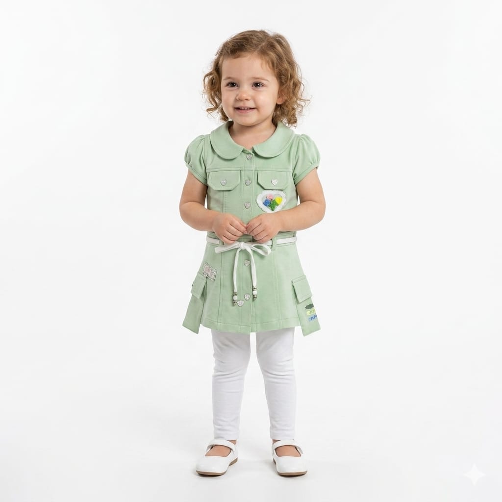 Mama Hug Girls Stylish Shirt Dress Set with Leggings | Soft Cotton Summer Outfit | Cute Belt & Heart Patch | 3–5 Years