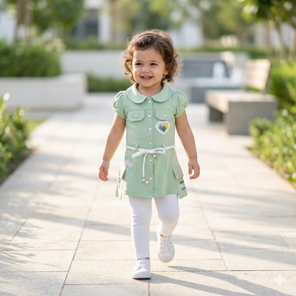 Mama Hug Girls Stylish Shirt Dress Set with Leggings | Soft Cotton Summer Outfit | Cute Belt & Heart Patch | 3–5 Years