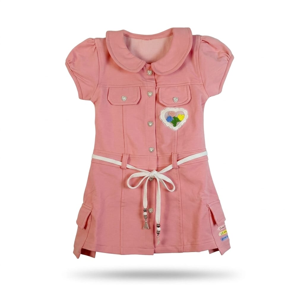 Mama Hug Girls Stylish Shirt Dress Set with Leggings | Soft Cotton Summer Outfit | Cute Belt & Heart Patch | 5–6 Years