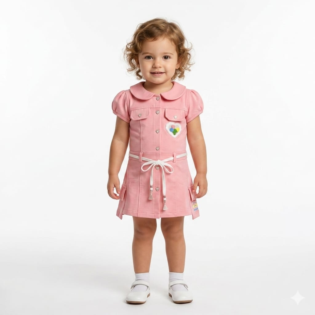 Mama Hug Girls Stylish Shirt Dress Set with Leggings | Soft Cotton Summer Outfit | Cute Belt & Heart Patch | 5–6 Years