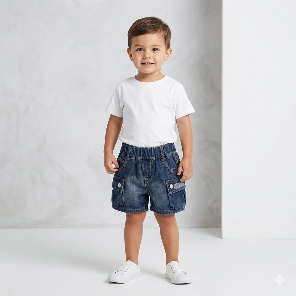 Mama Hug Kids Denim Cargo Shorts | Premium Soft Stretch Jean Shorts for Boys & Girls | Casual Summer Shorts | 1–6 Years