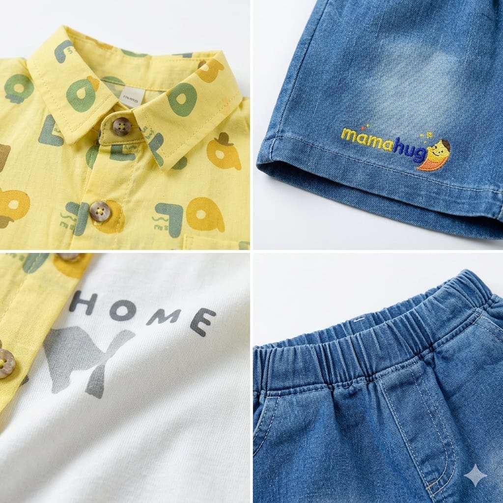 Mama Hug Boys Cotton Shirt, T-Shirt & Denim Shorts Set | Yellow Summer Co-Ord Outfit | Soft & Breathable | 1–6 Years