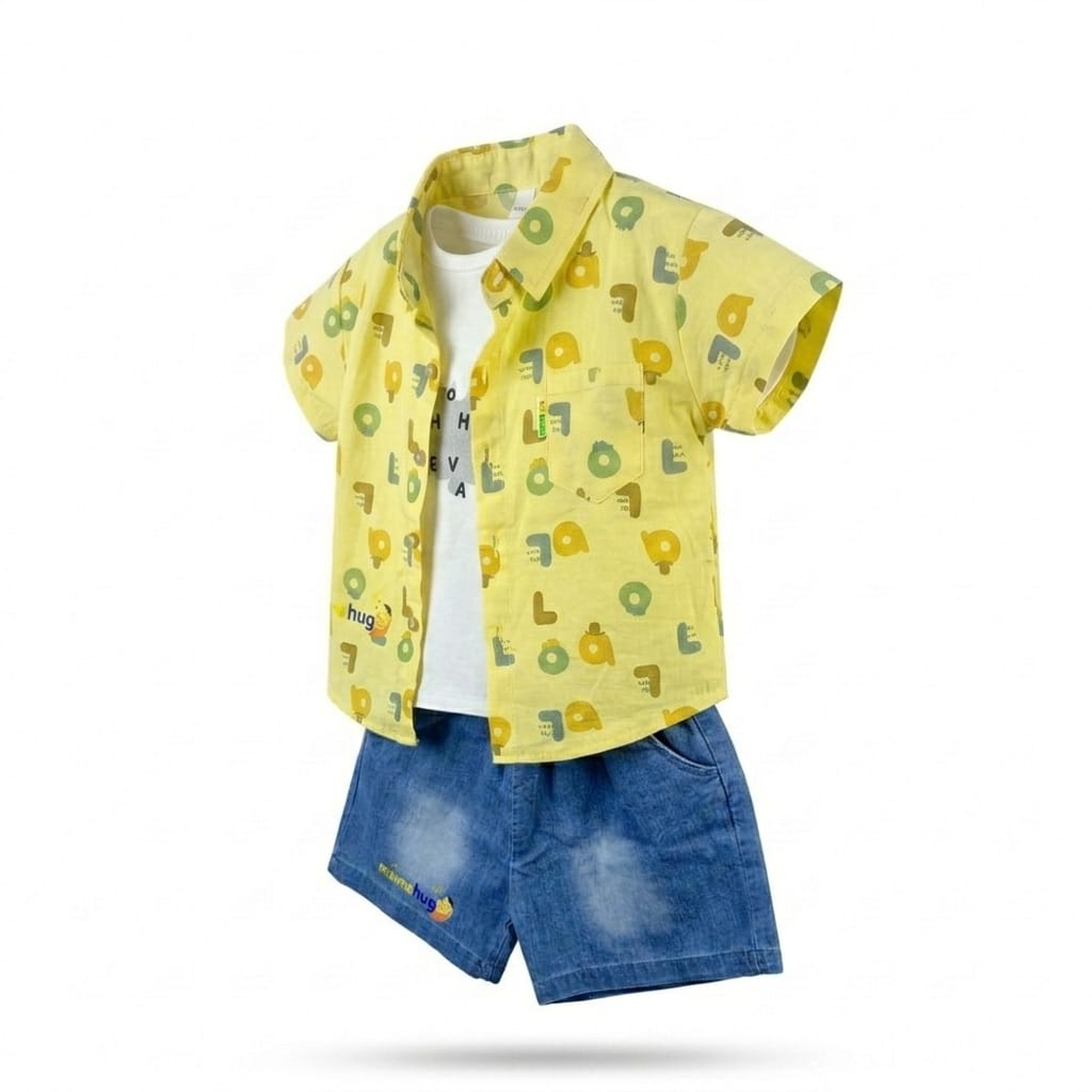 Mama Hug Boys Cotton Shirt, T-Shirt & Denim Shorts Set | Yellow Summer Co-Ord Outfit | Soft & Breathable | 1–6 Years