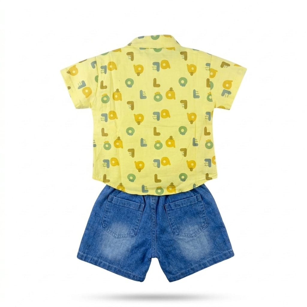 Mama Hug Boys Cotton Shirt, T-Shirt & Denim Shorts Set | Yellow Summer Co-Ord Outfit | Soft & Breathable | 1–6 Years
