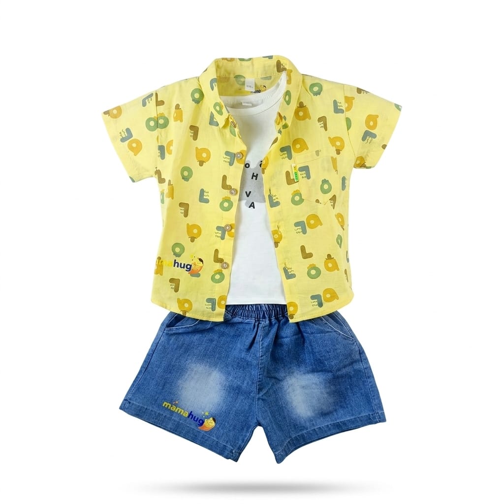 Mama Hug Boys Cotton Shirt, T-Shirt & Denim Shorts Set | Yellow Summer Co-Ord Outfit | Soft & Breathable | 1–6 Years
