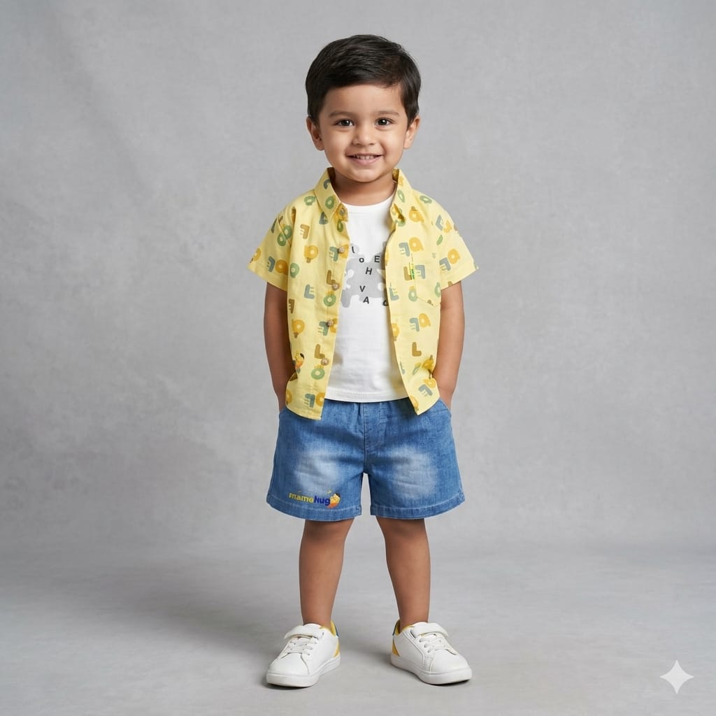 Mama Hug Boys Cotton Shirt, T-Shirt & Denim Shorts Set | Yellow Summer Co-Ord Outfit | Soft & Breathable | 1–6 Years