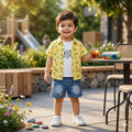Mama Hug Boys Cotton Shirt, T-Shirt & Denim Shorts Set | Yellow Summer Co-Ord Outfit | Soft & Breathable | 1–6 Years