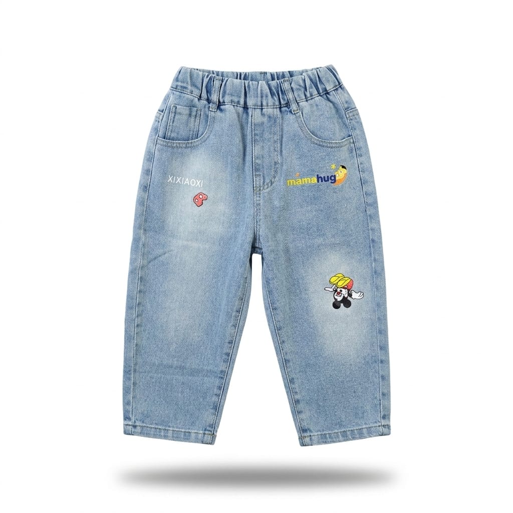 Mama Hug Kids Soft Denim Jogger Pants – Stretchable Cartoon Patch Jeans (2–7 Years)