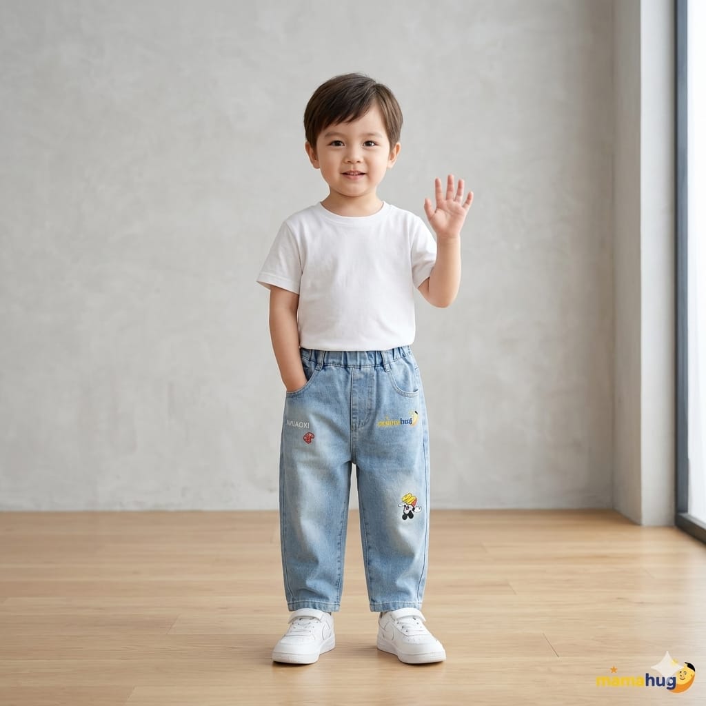 Mama Hug Kids Soft Denim Jogger Pants – Stretchable Cartoon Patch Jeans (2–7 Years)