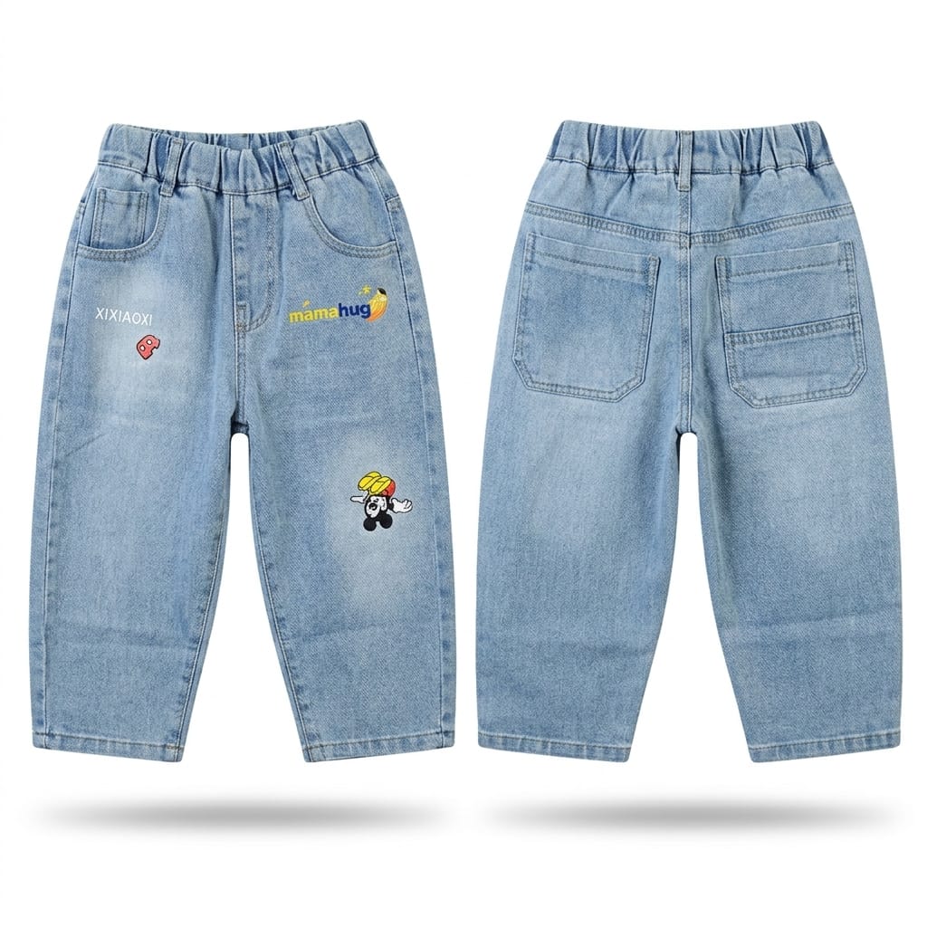 Mama Hug Kids Soft Denim Jogger Pants – Stretchable Cartoon Patch Jeans (2–7 Years)