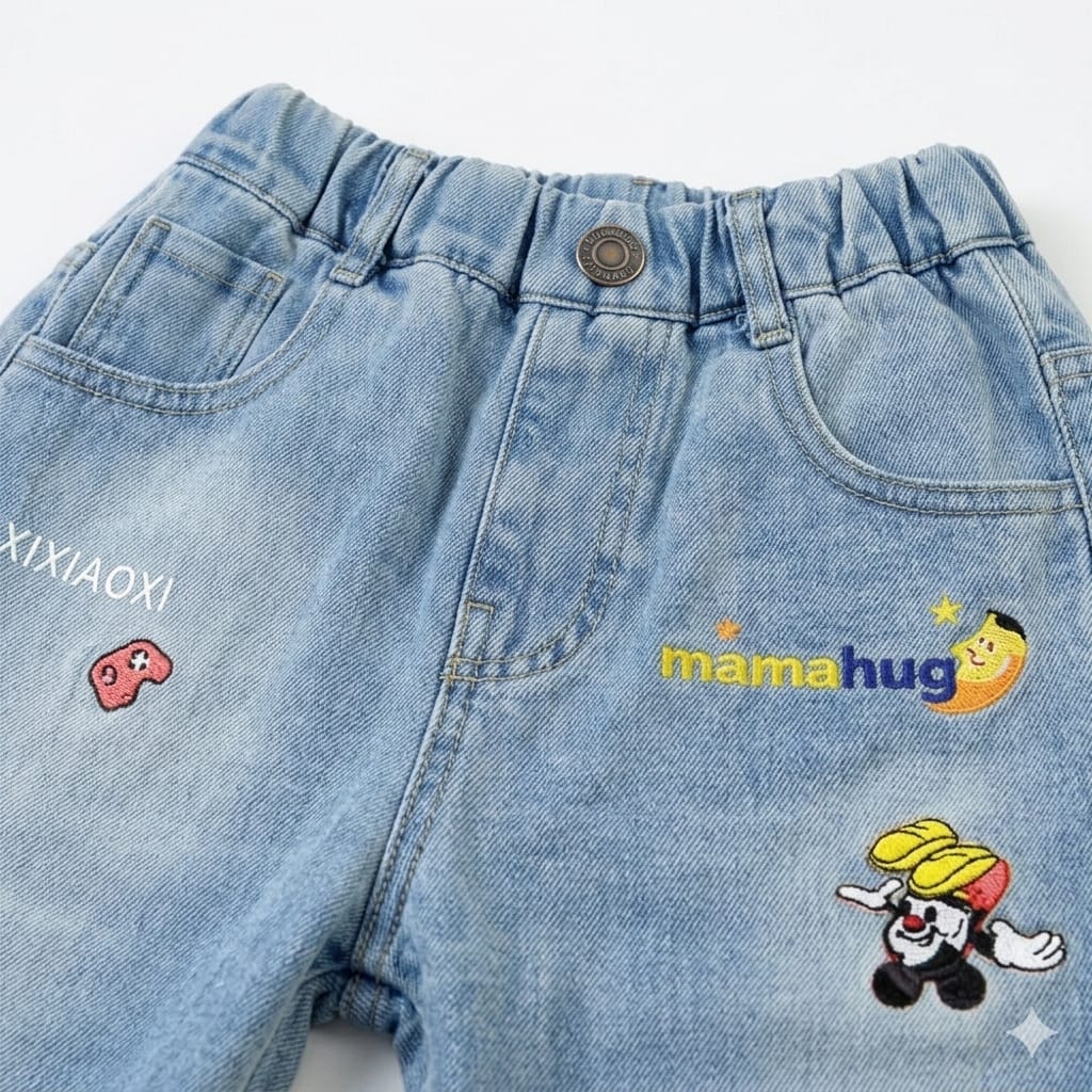 Mama Hug Kids Soft Denim Jogger Pants – Stretchable Cartoon Patch Jeans (2–7 Years)
