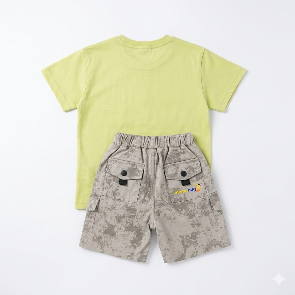 Mama Hug Kids Printed Co-Ord Set – Soft Cotton T-Shirt & Cargo Shorts Set
