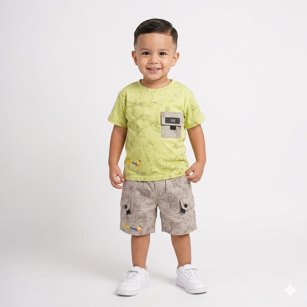 Mama Hug Kids Printed Co-Ord Set – Soft Cotton T-Shirt & Cargo Shorts Set