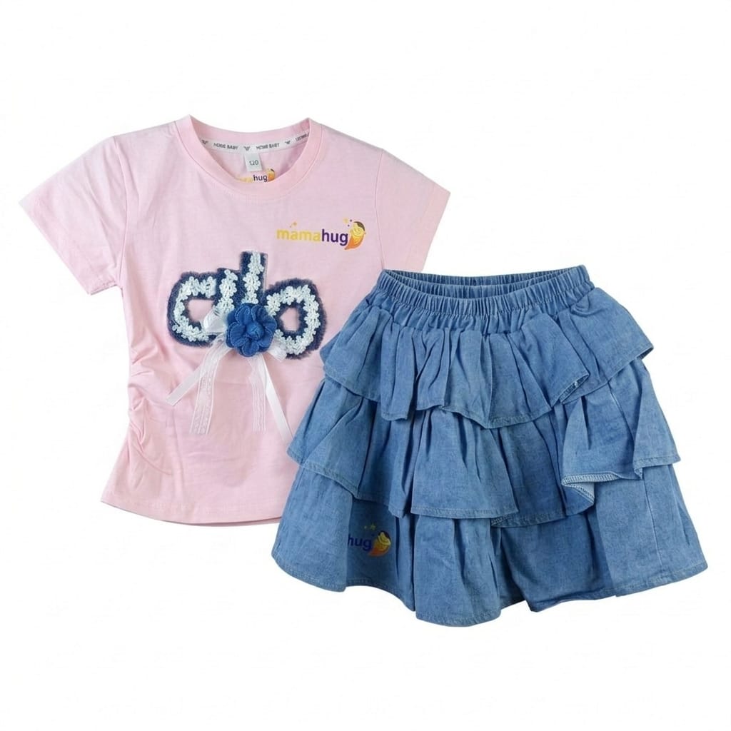 Mama Hug Girls Cute Skirt Top Set – Pink Cotton Top with Denim Ruffle Skirt