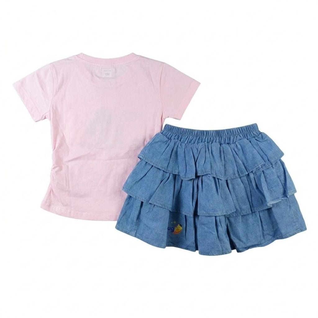 Mama Hug Girls Cute Skirt Top Set – Pink Cotton Top with Denim Ruffle Skirt