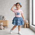 Mama Hug Girls Cute Skirt Top Set – Pink Cotton Top with Denim Ruffle Skirt