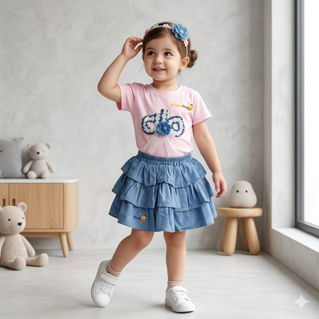 Mama Hug Girls Cute Skirt Top Set – Pink Cotton Top with Denim Ruffle Skirt