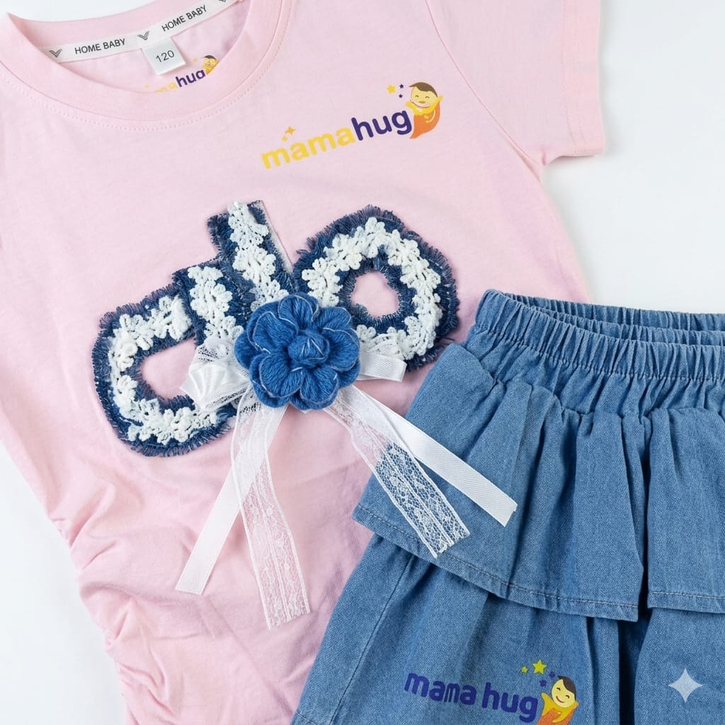 Mama Hug Girls Cute Skirt Top Set – Pink Cotton Top with Denim Ruffle Skirt