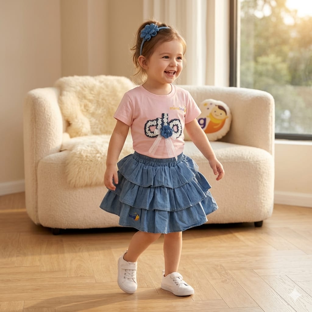 Mama Hug Girls Cute Skirt Top Set – Pink Cotton Top with Denim Ruffle Skirt