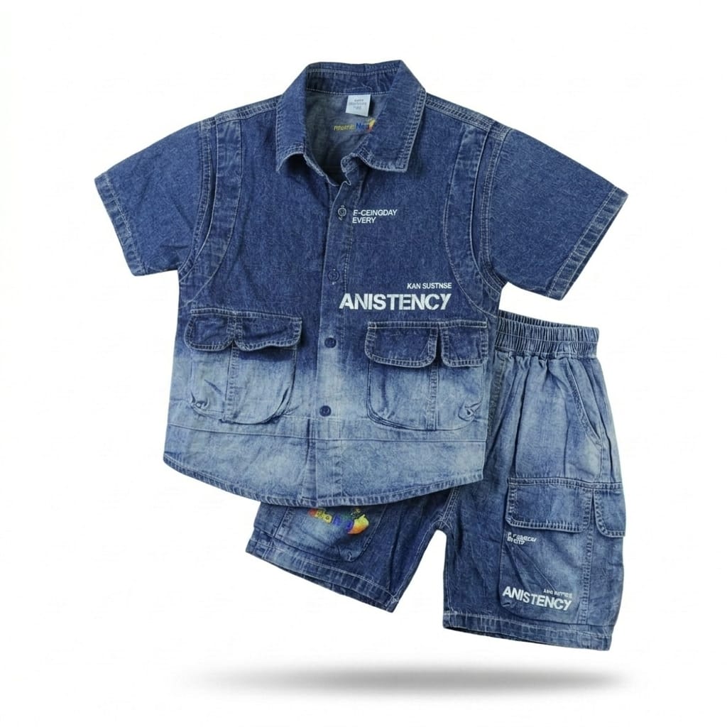 Mama Hug Boys Premium Denim Co-Ord Set | Kids Denim Shirt & Cargo Shorts Set | Stylish Summer Outfit for Boys (3–8 Years)