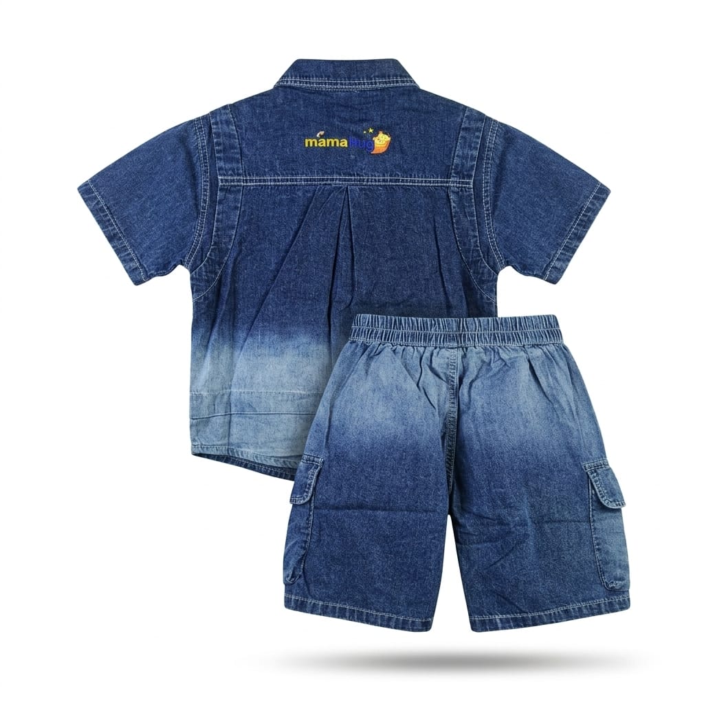 Mama Hug Boys Premium Denim Co-Ord Set | Kids Denim Shirt & Cargo Shorts Set | Stylish Summer Outfit for Boys (3–8 Years)