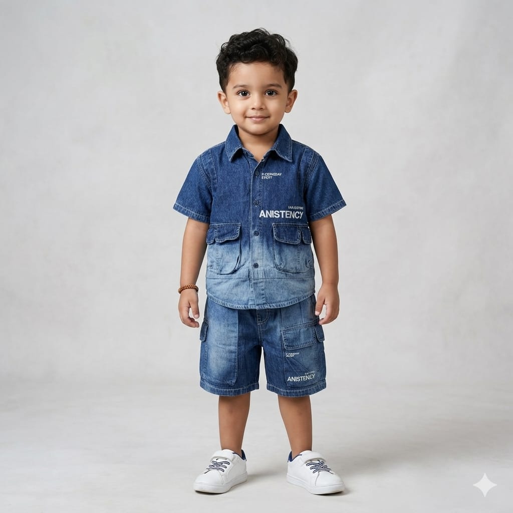 Mama Hug Boys Premium Denim Co-Ord Set | Kids Denim Shirt & Cargo Shorts Set | Stylish Summer Outfit for Boys (3–8 Years)