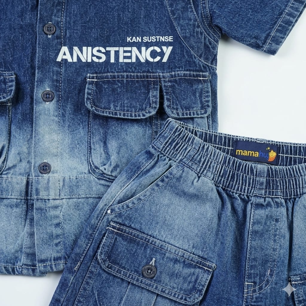 Mama Hug Boys Premium Denim Co-Ord Set | Kids Denim Shirt & Cargo Shorts Set | Stylish Summer Outfit for Boys (3–8 Years)