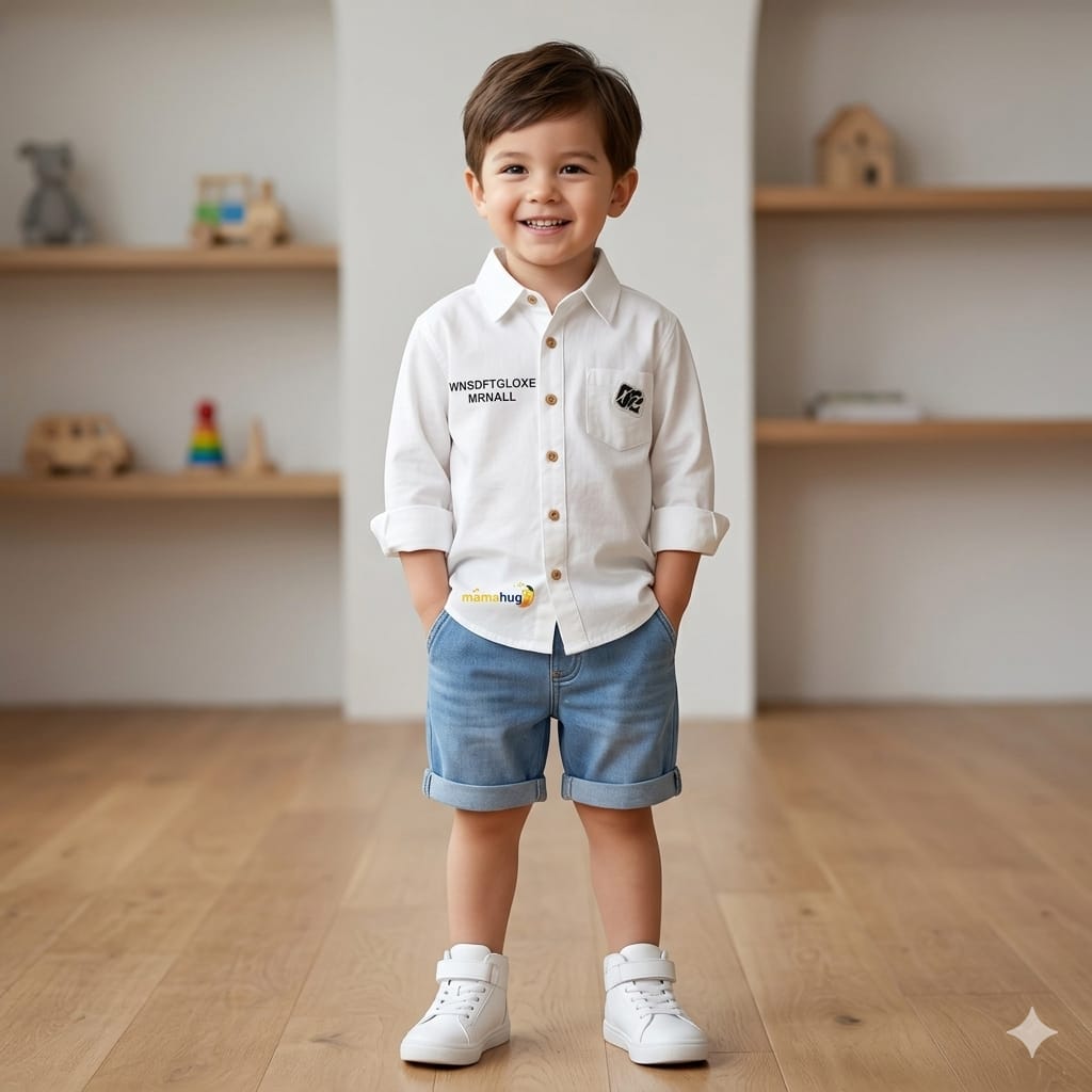 Mama Hug Boys Premium White Casual Shirt | Kids Full Sleeve Printed Cotton Shirt | Party & Casual Wear (1–6 Years)