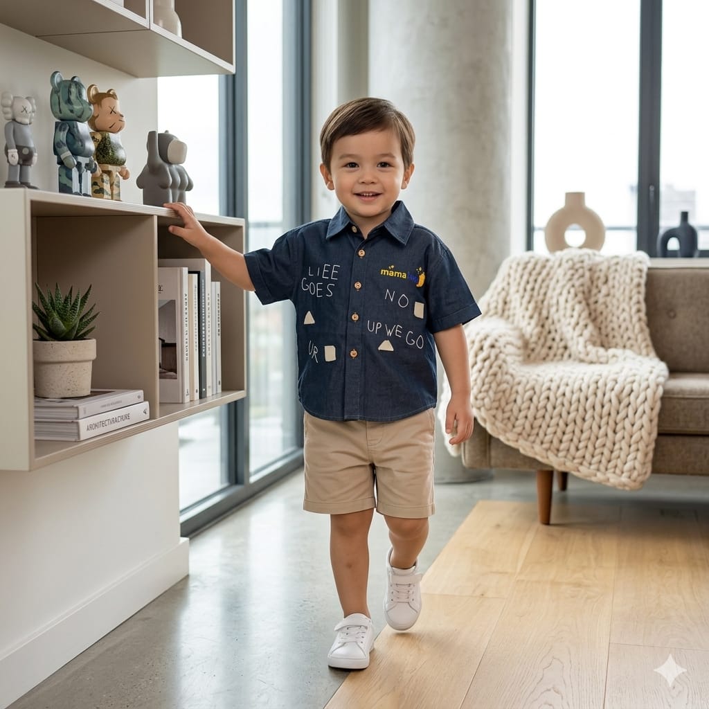 Mama Hug Boys Premium Navy Casual Shirt | Kids Half Sleeve Graphic Shirt | Smart Summer Party Wear Shirt (1–6 Years)