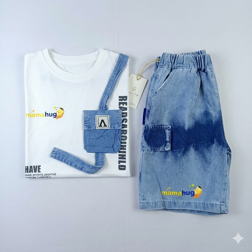 Mama Hug Boys White T-Shirt & Denim Shorts Co-Ord Set | Premium Summer Casual Outfit for Boys (1–6 Years)