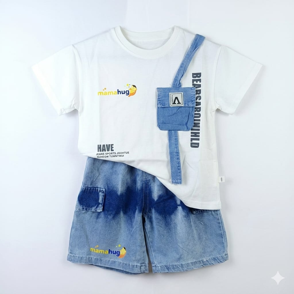 Mama Hug Boys White T-Shirt & Denim Shorts Co-Ord Set | Premium Summer Casual Outfit for Boys (1–6 Years)