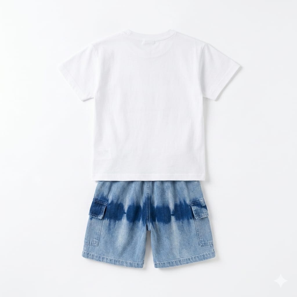 Mama Hug Boys White T-Shirt & Denim Shorts Co-Ord Set | Premium Summer Casual Outfit for Boys (1–6 Years)